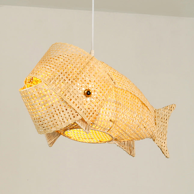 Suspension lumineuse elliptique 1 lumière en bambou tissé traditionnel japonais en forme de poisson pour salle à manger 