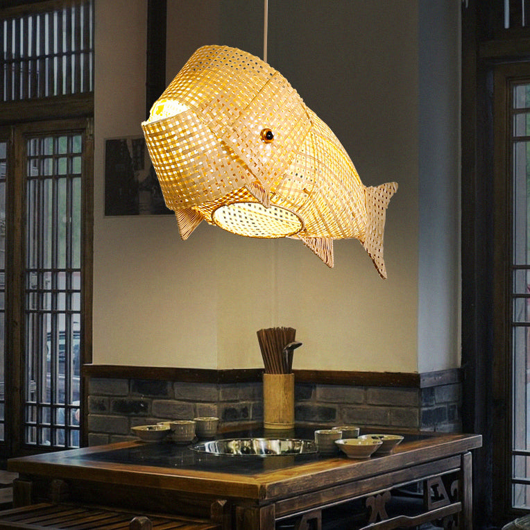 Suspension lumineuse elliptique 1 lumière en bambou tissé traditionnel japonais en forme de poisson pour salle à manger 
