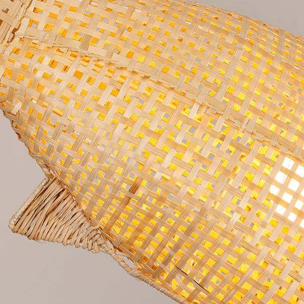 Suspension lumineuse elliptique 1 lumière en bambou tissé traditionnel japonais en forme de poisson pour salle à manger 