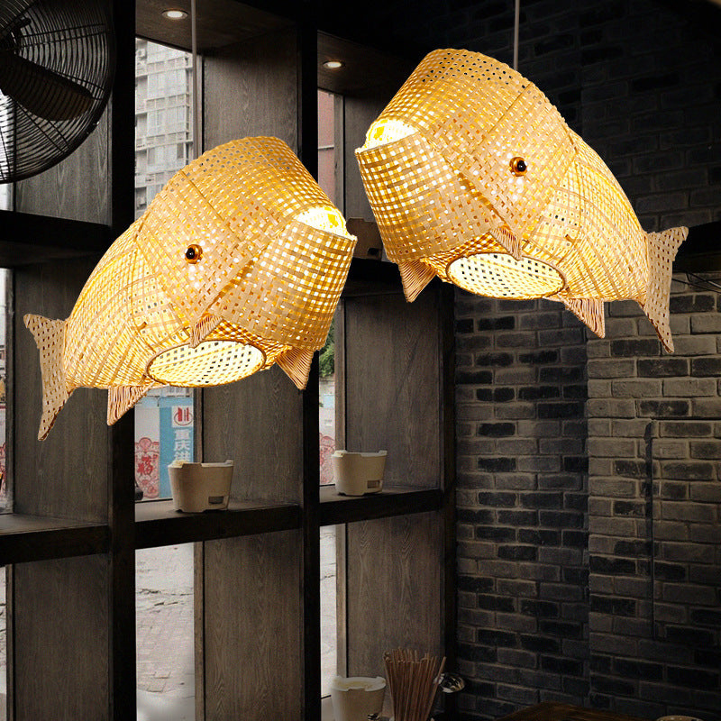 Suspension lumineuse elliptique 1 lumière en bambou tissé traditionnel japonais en forme de poisson pour salle à manger 