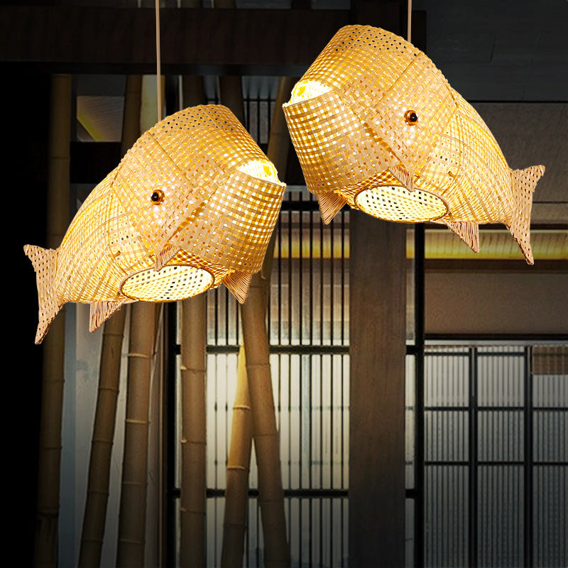 Suspension lumineuse elliptique 1 lumière en bambou tissé traditionnel japonais en forme de poisson pour salle à manger 