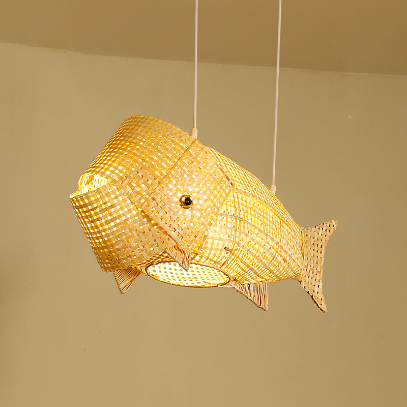 Suspension lumineuse elliptique 1 lumière en bambou tissé traditionnel japonais en forme de poisson pour salle à manger 