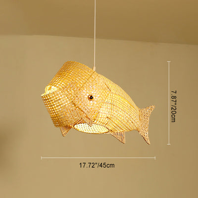 Suspension lumineuse elliptique 1 lumière en bambou tissé traditionnel japonais en forme de poisson pour salle à manger 