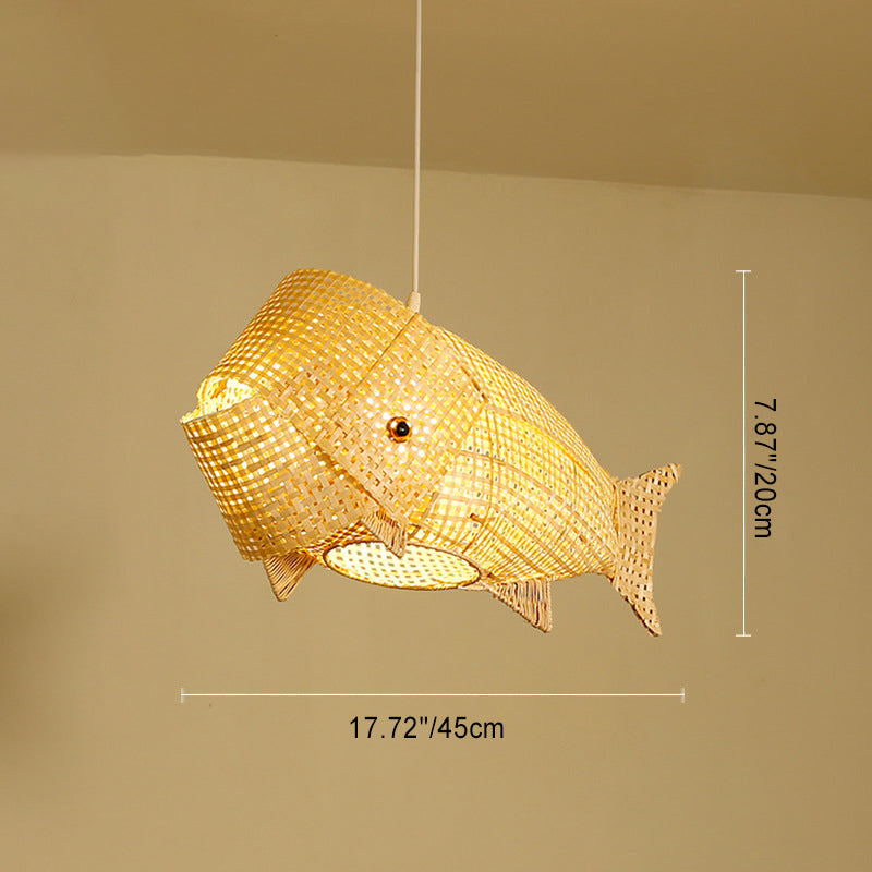 Suspension lumineuse elliptique 1 lumière en bambou tissé traditionnel japonais en forme de poisson pour salle à manger 