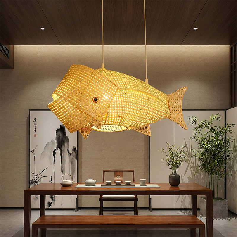 Suspension lumineuse elliptique 1 lumière en bambou tissé traditionnel japonais en forme de poisson pour salle à manger 