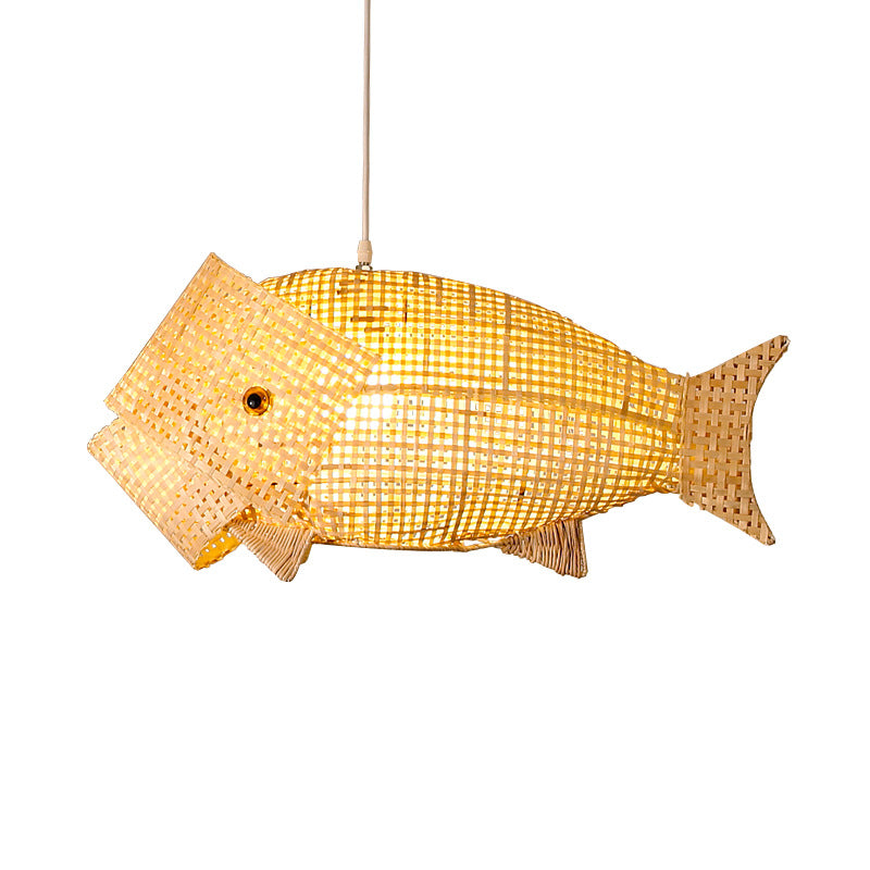Suspension lumineuse elliptique 1 lumière en bambou tissé traditionnel japonais en forme de poisson pour salle à manger 
