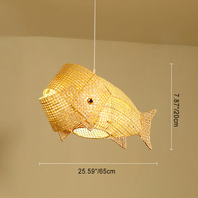 Suspension lumineuse elliptique 1 lumière en bambou tissé traditionnel japonais en forme de poisson pour salle à manger 