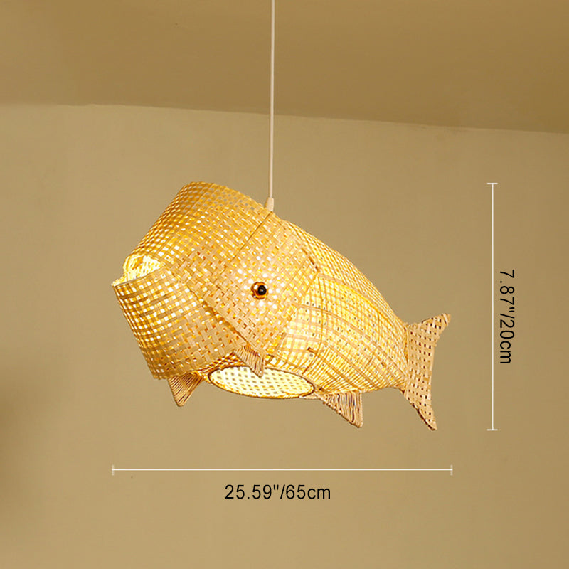 Suspension lumineuse elliptique 1 lumière en bambou tissé traditionnel japonais en forme de poisson pour salle à manger 
