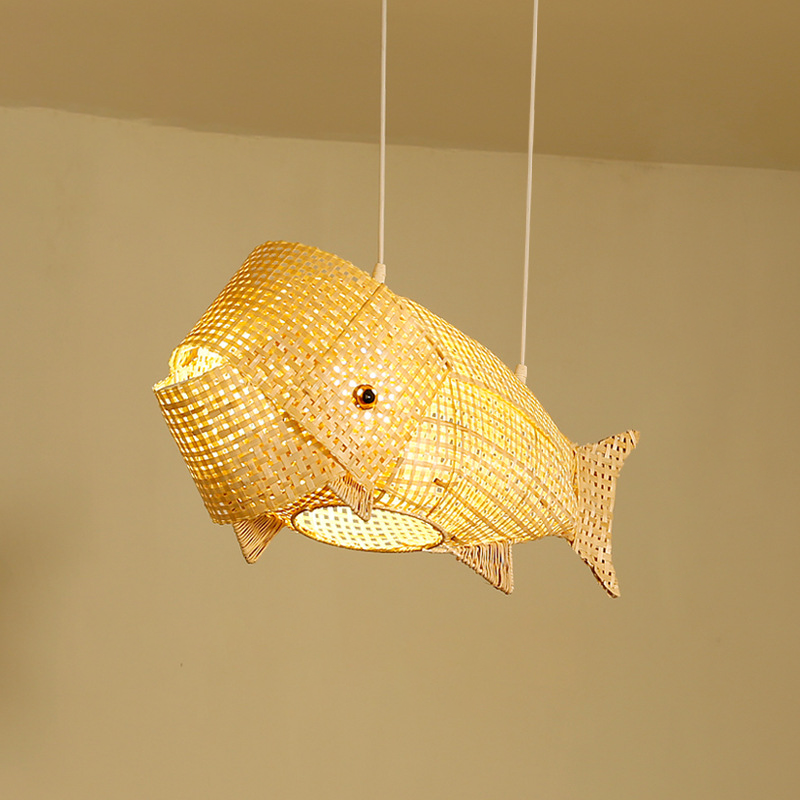 Suspension lumineuse elliptique 1 lumière en bambou tissé traditionnel japonais en forme de poisson pour salle à manger 