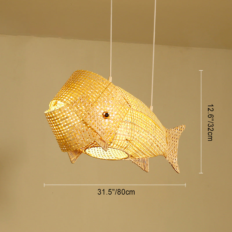 Suspension lumineuse elliptique 1 lumière en bambou tissé traditionnel japonais en forme de poisson pour salle à manger 