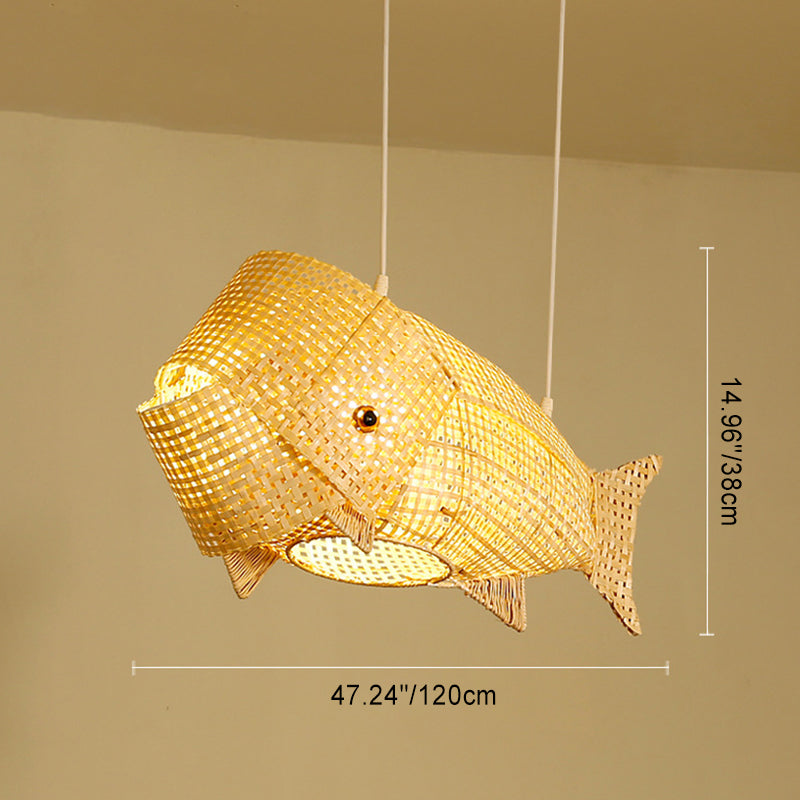 Suspension lumineuse elliptique 1 lumière en bambou tissé traditionnel japonais en forme de poisson pour salle à manger 