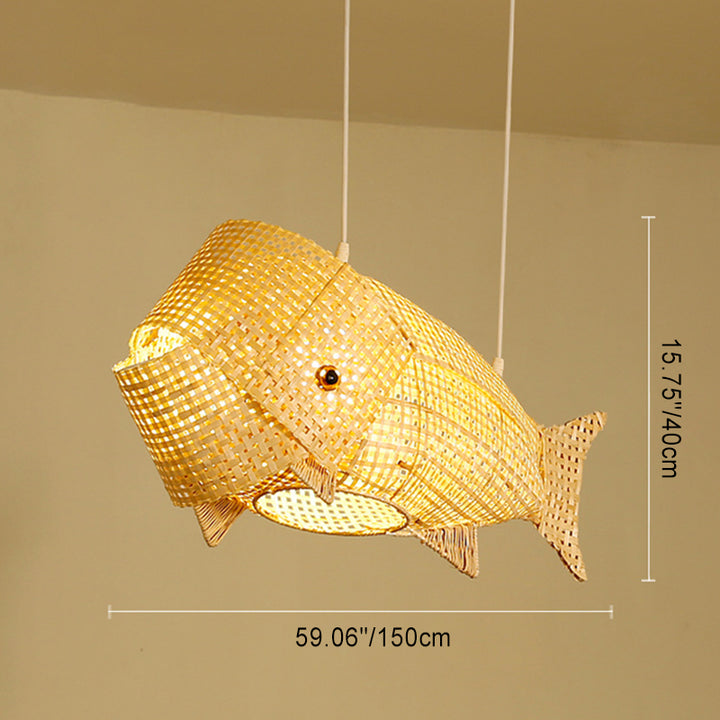 Suspension lumineuse elliptique 1 lumière en bambou tissé traditionnel japonais en forme de poisson pour salle à manger 