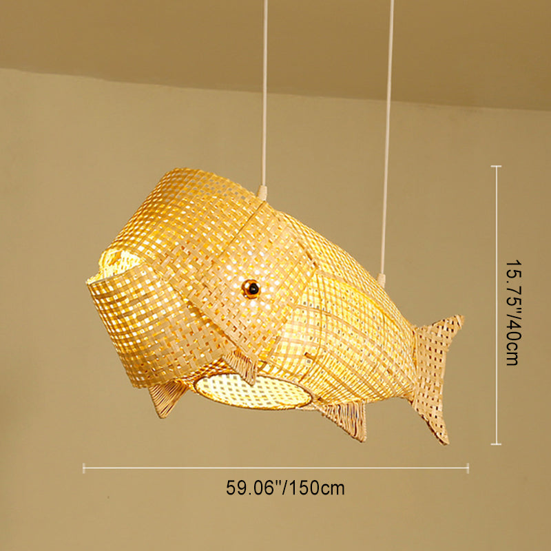Suspension lumineuse elliptique 1 lumière en bambou tissé traditionnel japonais en forme de poisson pour salle à manger 