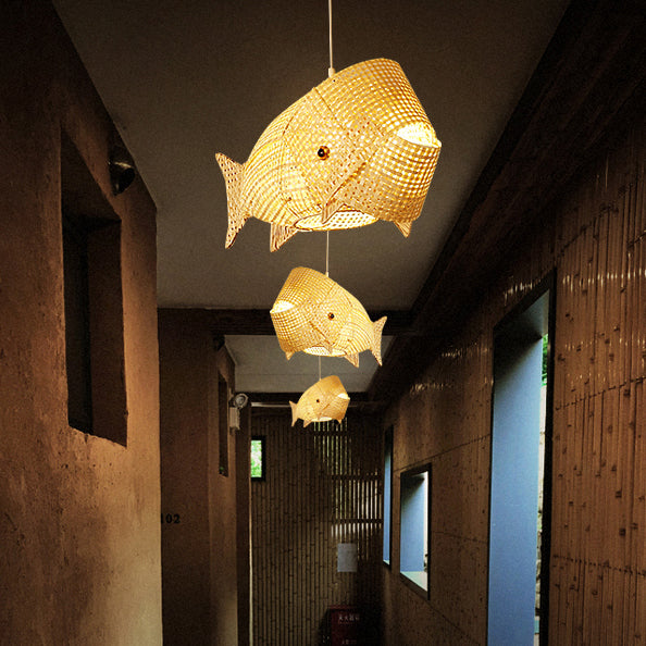 Suspension lumineuse elliptique 1 lumière en bambou tissé traditionnel japonais en forme de poisson pour salle à manger 