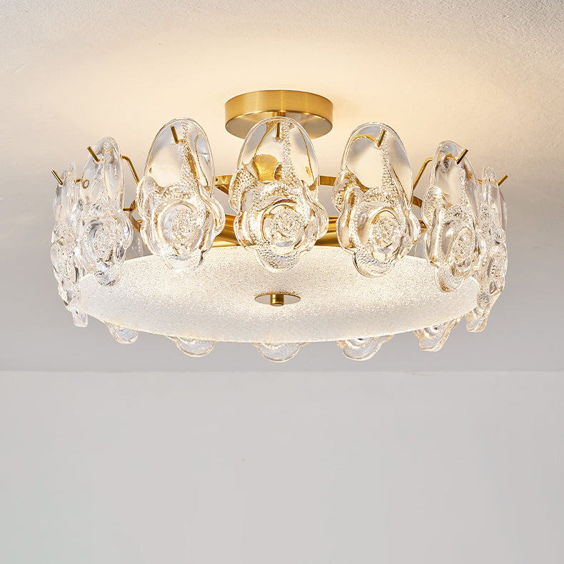 Traditional French Metal Glass Round Rose Frosted 6/8 Light Semi-Flush Mount Ceiling Light For Bedroom