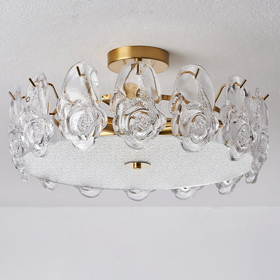 Traditional French Metal Glass Round Rose Frosted 6/8 Light Semi-Flush Mount Ceiling Light For Bedroom