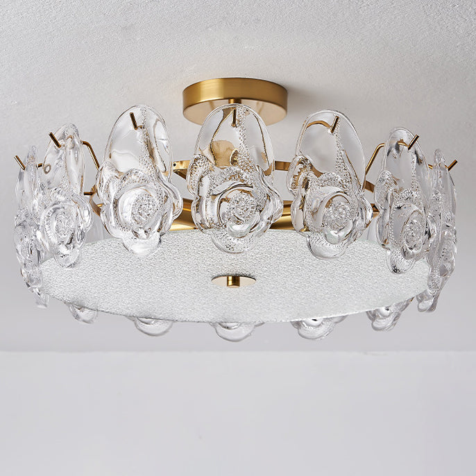 Traditional French Metal Glass Round Rose Frosted 6/8 Light Semi-Flush Mount Ceiling Light For Bedroom