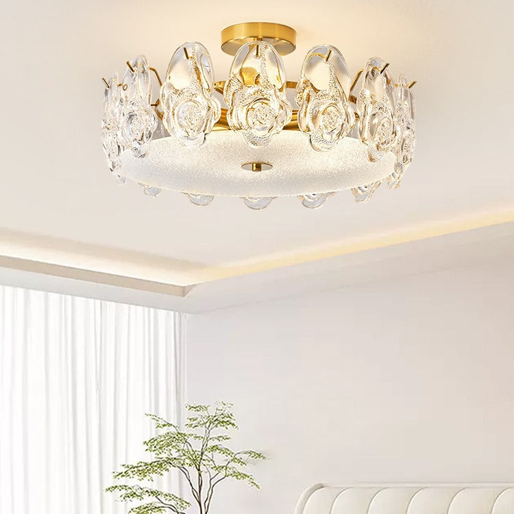 Lustre semi-encastré traditionnel rond en métal et verre rose givré à 6/8 lumières pour chambre à coucher 