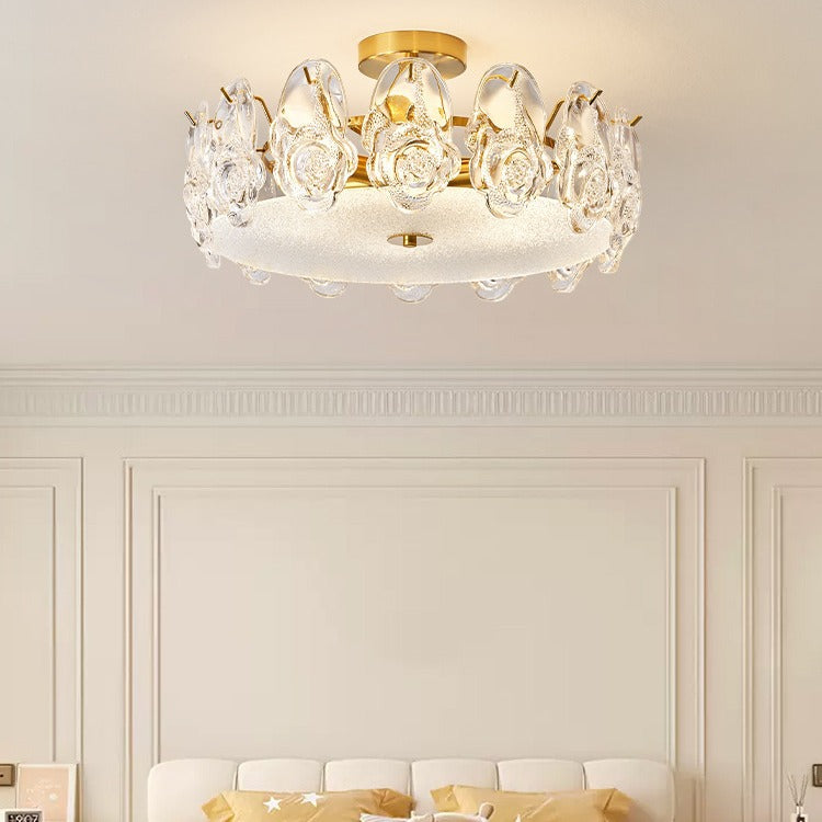 Traditional French Metal Glass Round Rose Frosted 6/8 Light Semi-Flush Mount Ceiling Light For Bedroom