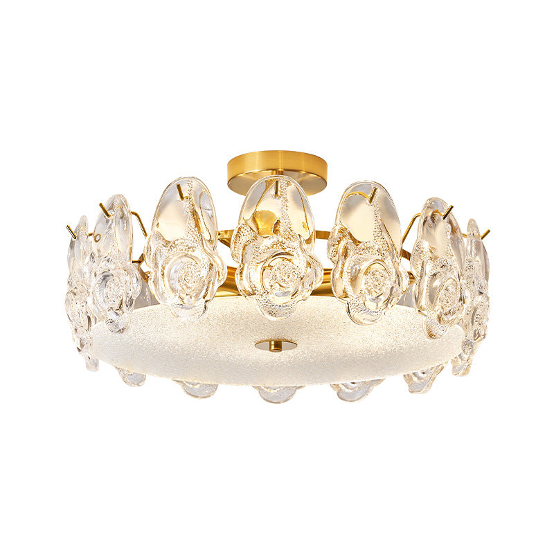 Traditional French Metal Glass Round Rose Frosted 6/8 Light Semi-Flush Mount Ceiling Light For Bedroom