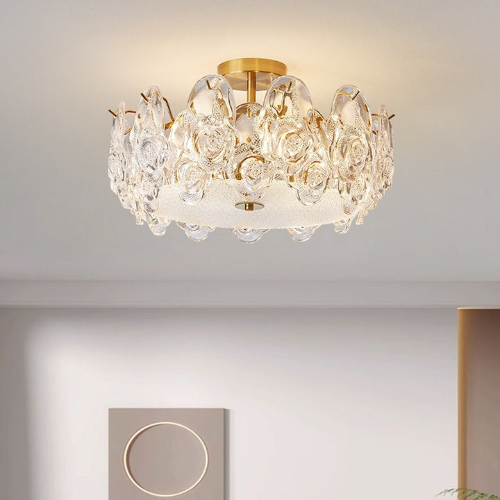 Luz de Techo Semi-Empotrada de 6/8 Luces con Montura Redonda de Vidrio Metálico Tradicional Francés Rosa Escarchado para Dormitorio 