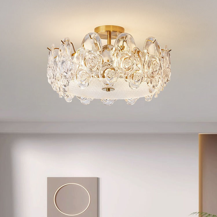 Traditional French Metal Glass Round Rose Frosted 6/8 Light Semi-Flush Mount Ceiling Light For Bedroom