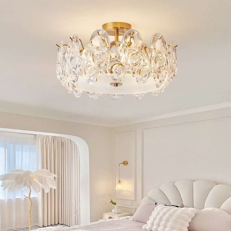 Lustre semi-encastré traditionnel rond en métal et verre rose givré à 6/8 lumières pour chambre à coucher 