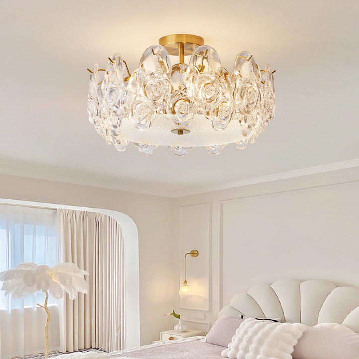 Luz de Techo Semi-Empotrada de 6/8 Luces con Montura Redonda de Vidrio Metálico Tradicional Francés Rosa Escarchado para Dormitorio 
