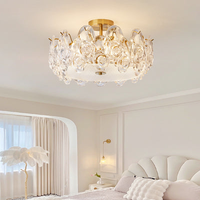 Traditional French Metal Glass Round Rose Frosted 6/8 Light Semi-Flush Mount Ceiling Light For Bedroom