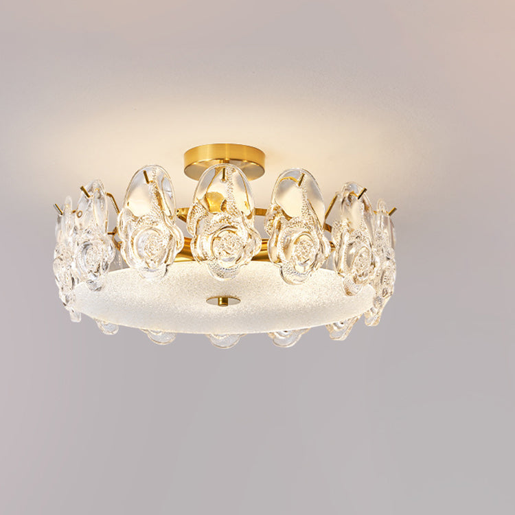 Traditional French Metal Glass Round Rose Frosted 6/8 Light Semi-Flush Mount Ceiling Light For Bedroom