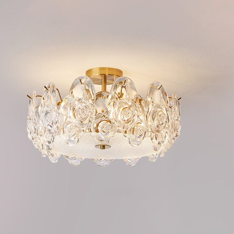 Lustre semi-encastré traditionnel rond en métal et verre rose givré à 6/8 lumières pour chambre à coucher 