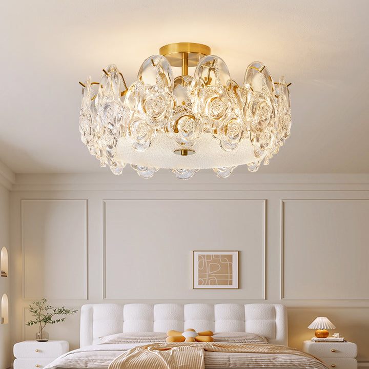 Lustre semi-encastré traditionnel rond en métal et verre rose givré à 6/8 lumières pour chambre à coucher 