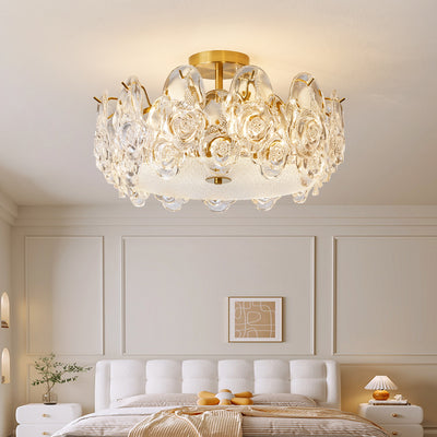 Traditional French Metal Glass Round Rose Frosted 6/8 Light Semi-Flush Mount Ceiling Light For Bedroom