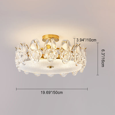 Traditional French Metal Glass Round Rose Frosted 6/8 Light Semi-Flush Mount Ceiling Light For Bedroom