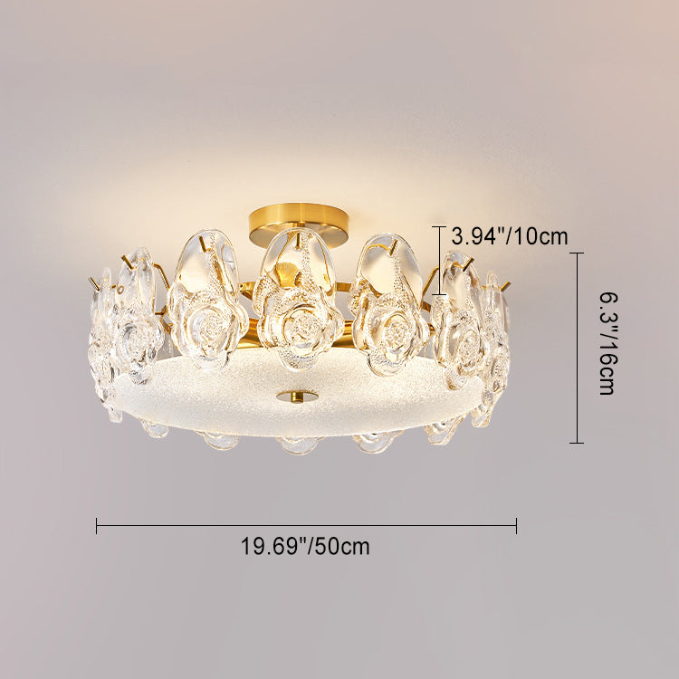 Traditional French Metal Glass Round Rose Frosted 6/8 Light Semi-Flush Mount Ceiling Light For Bedroom