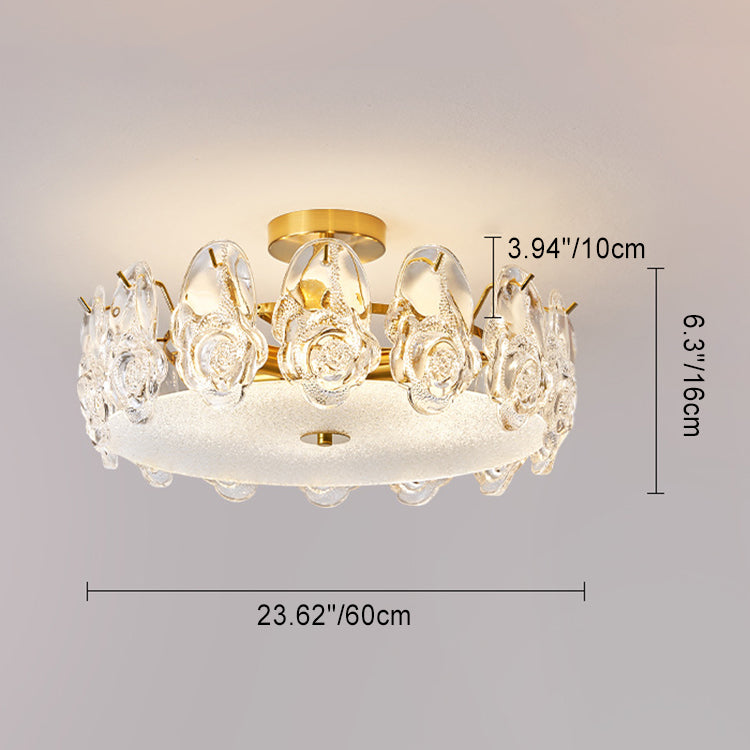 Traditional French Metal Glass Round Rose Frosted 6/8 Light Semi-Flush Mount Ceiling Light For Bedroom