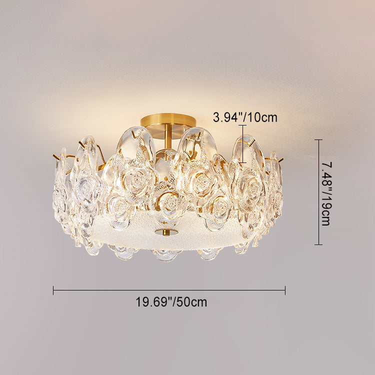 Traditional French Metal Glass Round Rose Frosted 6/8 Light Semi-Flush Mount Ceiling Light For Bedroom