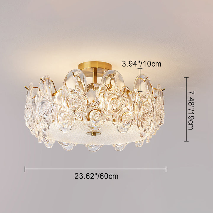 Lustre semi-encastré traditionnel rond en métal et verre rose givré à 6/8 lumières pour chambre à coucher 