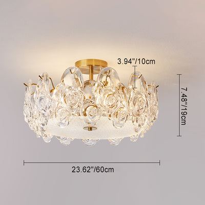 Traditional French Metal Glass Round Rose Frosted 6/8 Light Semi-Flush Mount Ceiling Light For Bedroom