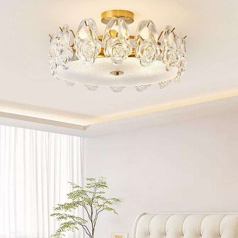 Lustre semi-encastré traditionnel rond en métal et verre rose givré à 6/8 lumières pour chambre à coucher 