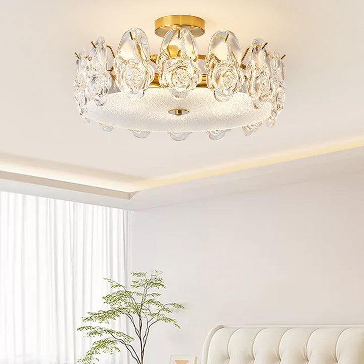 Luz de Techo Semi-Empotrada de 6/8 Luces con Montura Redonda de Vidrio Metálico Tradicional Francés Rosa Escarchado para Dormitorio 