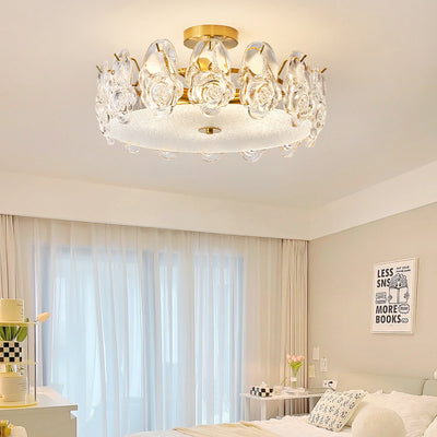 Traditional French Metal Glass Round Rose Frosted 6/8 Light Semi-Flush Mount Ceiling Light For Bedroom