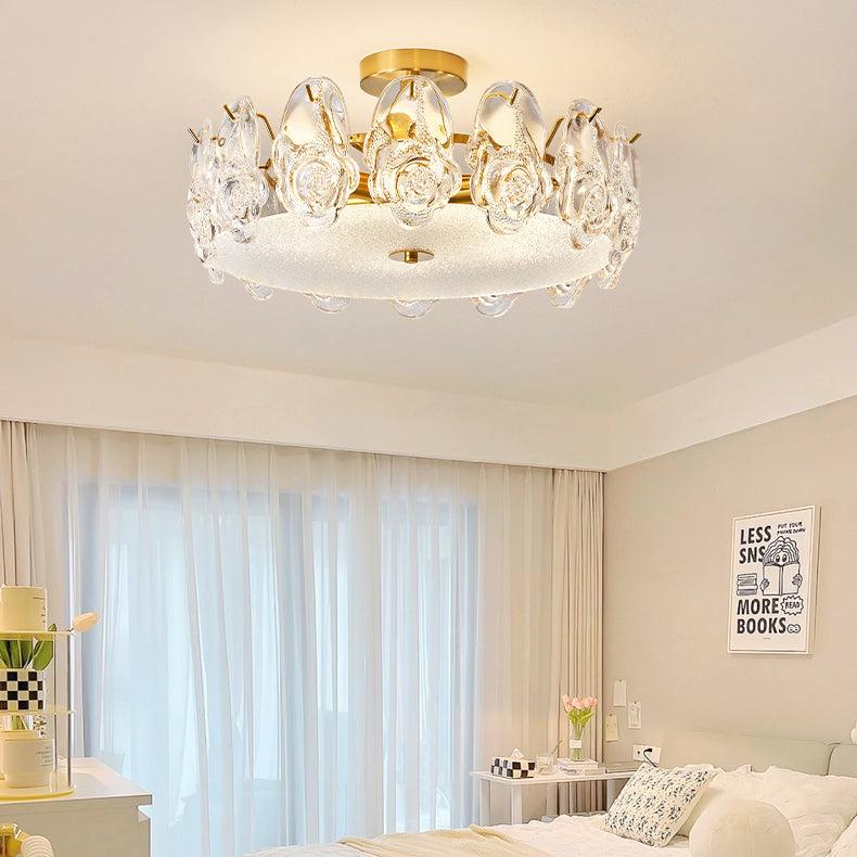Traditional French Metal Glass Round Rose Frosted 6/8 Light Semi-Flush Mount Ceiling Light For Bedroom