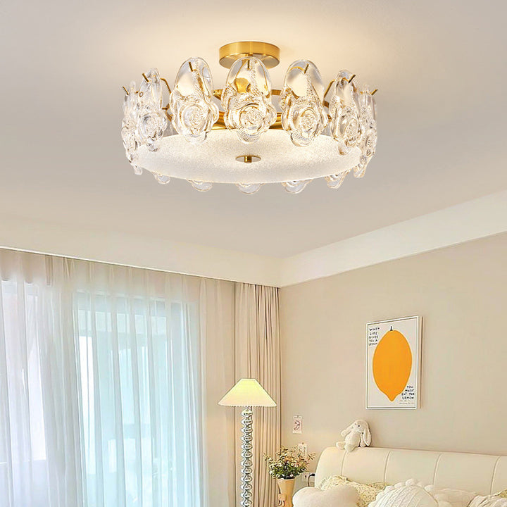 Lustre semi-encastré traditionnel rond en métal et verre rose givré à 6/8 lumières pour chambre à coucher 
