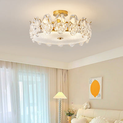 Traditional French Metal Glass Round Rose Frosted 6/8 Light Semi-Flush Mount Ceiling Light For Bedroom
