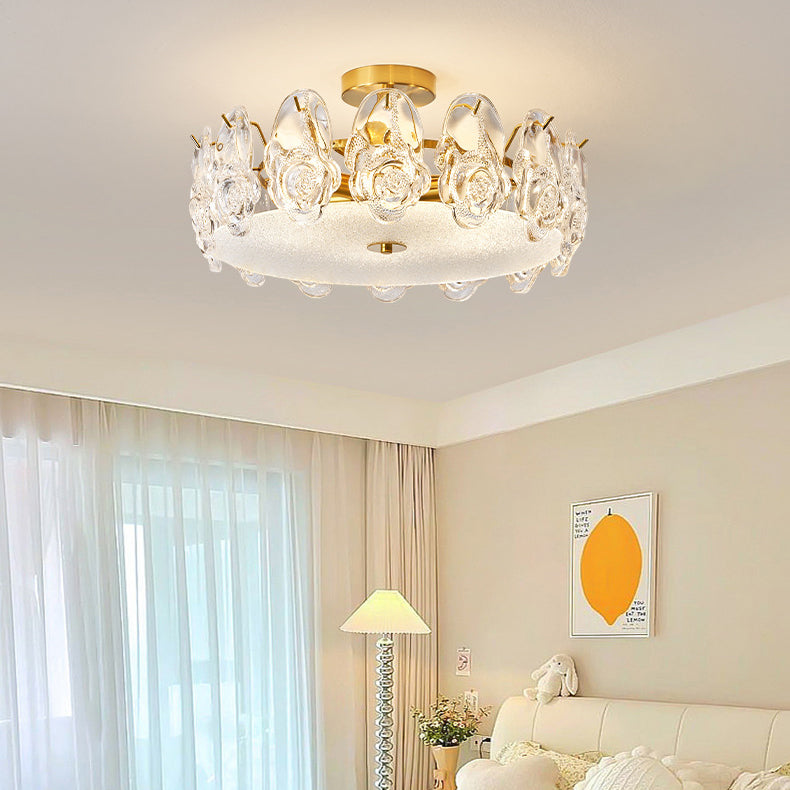 Traditional French Metal Glass Round Rose Frosted 6/8 Light Semi-Flush Mount Ceiling Light For Bedroom