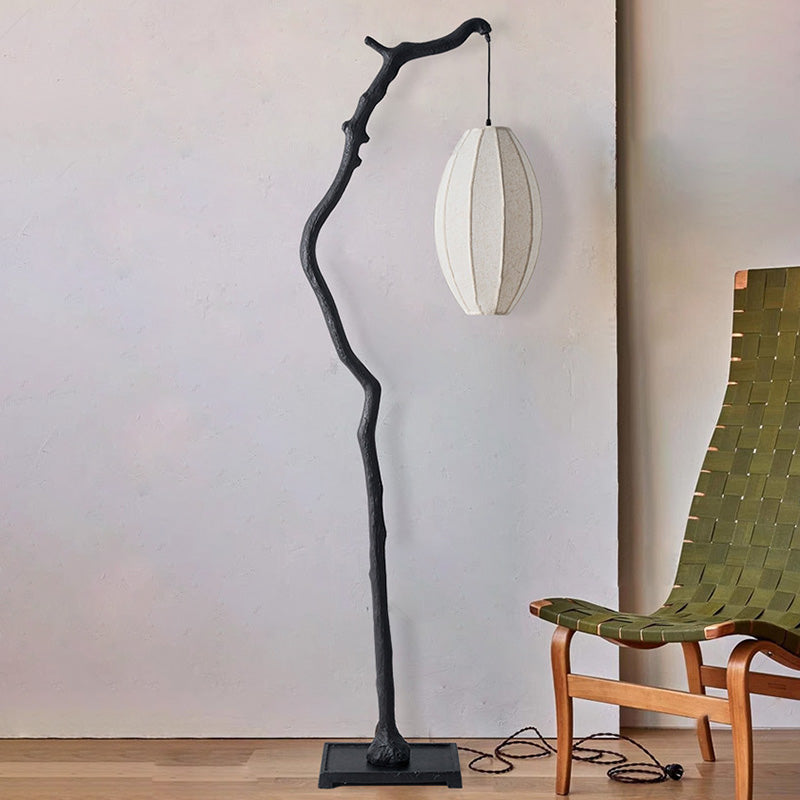 Lampadaire traditionnel chinois en résine et tissu avec lanterne elliptique à une lumière pour salon 