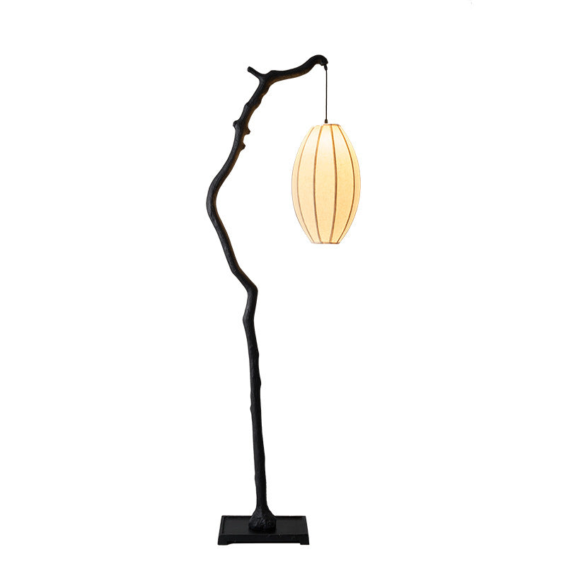 Lampadaire traditionnel chinois en résine et tissu avec lanterne elliptique à une lumière pour salon 