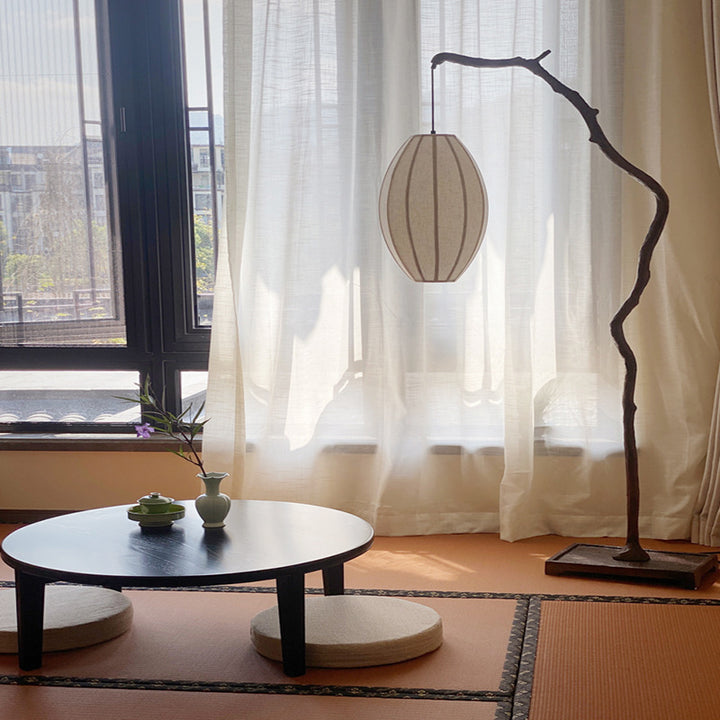 Lampadaire traditionnel chinois en résine et tissu avec lanterne elliptique à une lumière pour salon 