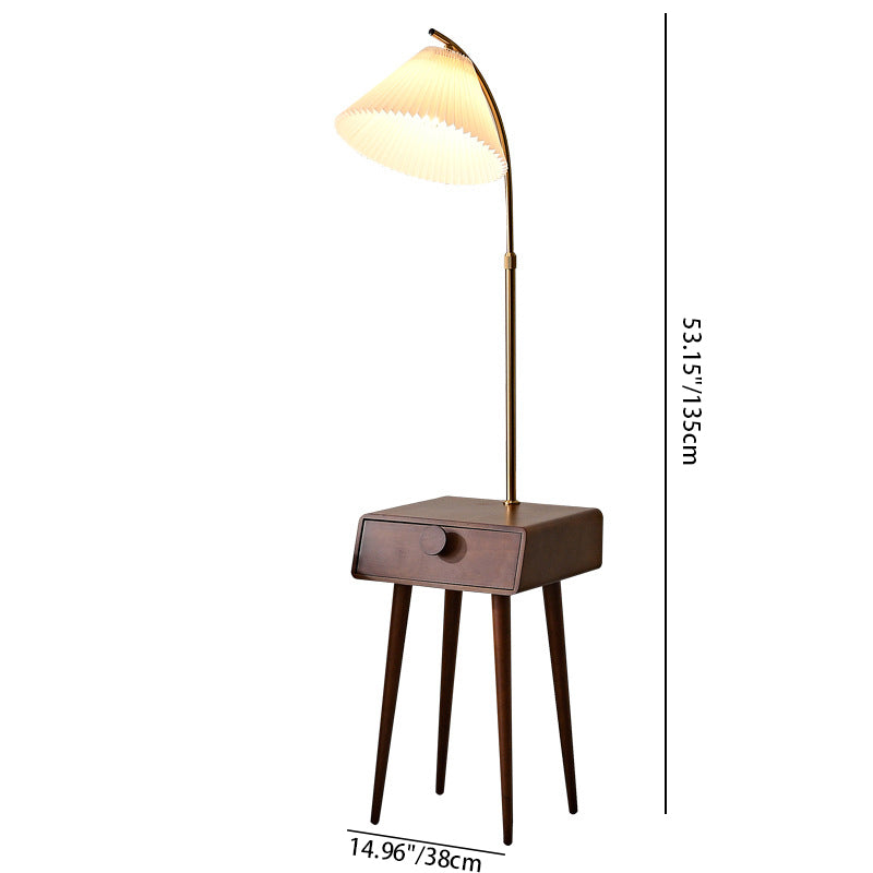 Traditional Japanese Fabric Wood Conic Pleated Round Shelf 1-Light Standing Floor Lamp For Living Room